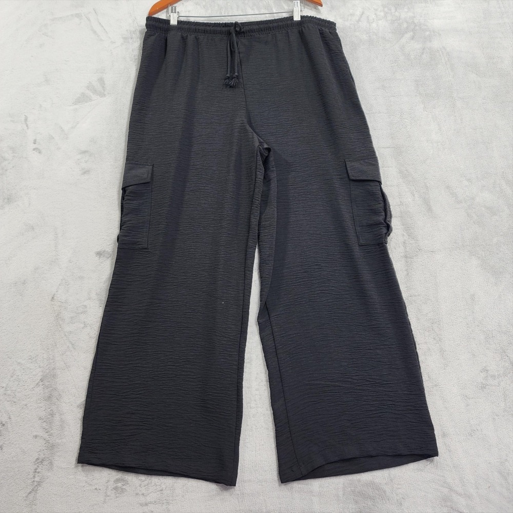 No Boundaries Pants Womens XXL (20) Black Crinkle Wide Leg Cargo Pull On Lounge